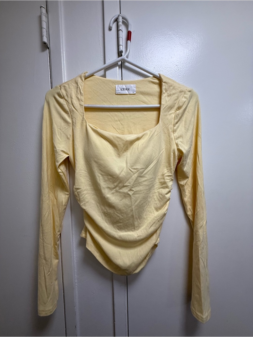 Cider Pale Yellow Square Neck Long Sleeve Top with Ruched Hem